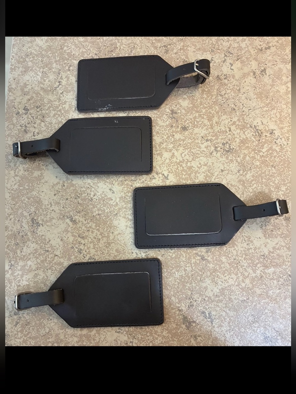 (4) Black Leather Luggage Tags w/ Private Flap Design & Adjustable Buckle